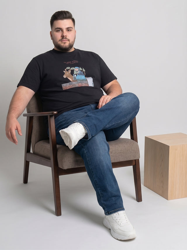 Men Plus Size Veritas Black Printed Round Neck