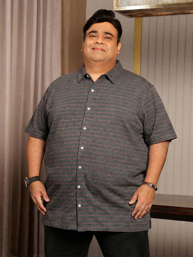 Men Plus Size Initial Grey Striped Casual Shirt