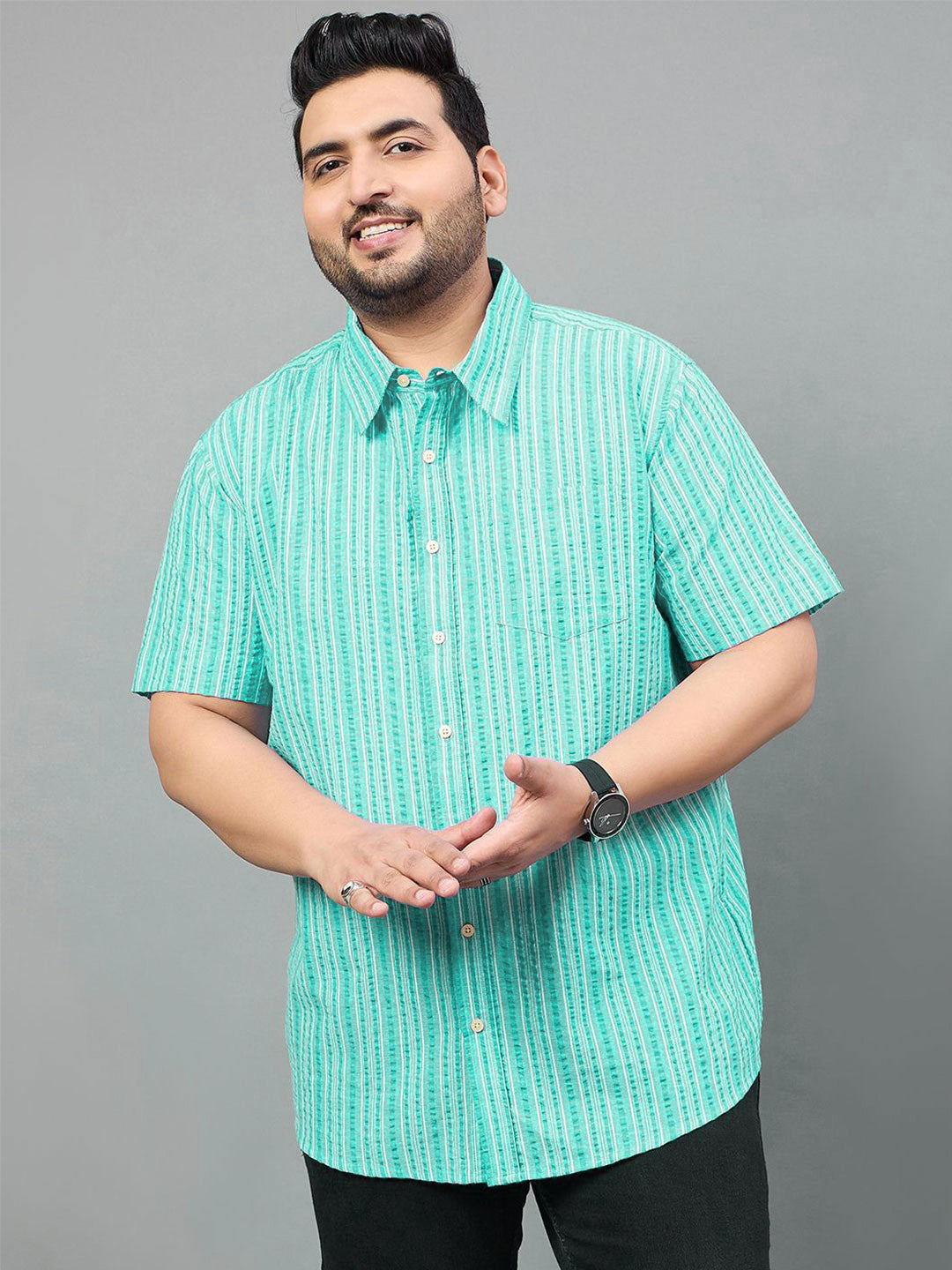 Men Plus Size Jae Green Striped Shirt - bigbanana