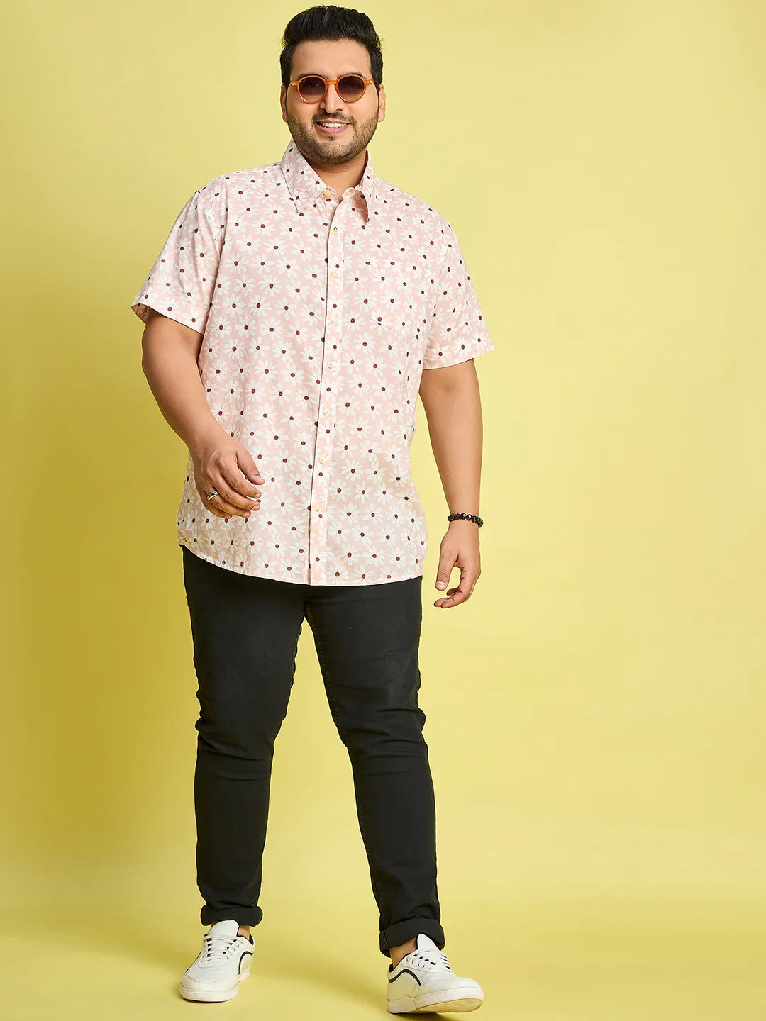 Men Plus Size Jotham White Floral Print Peach Color Shirt - bigbanana