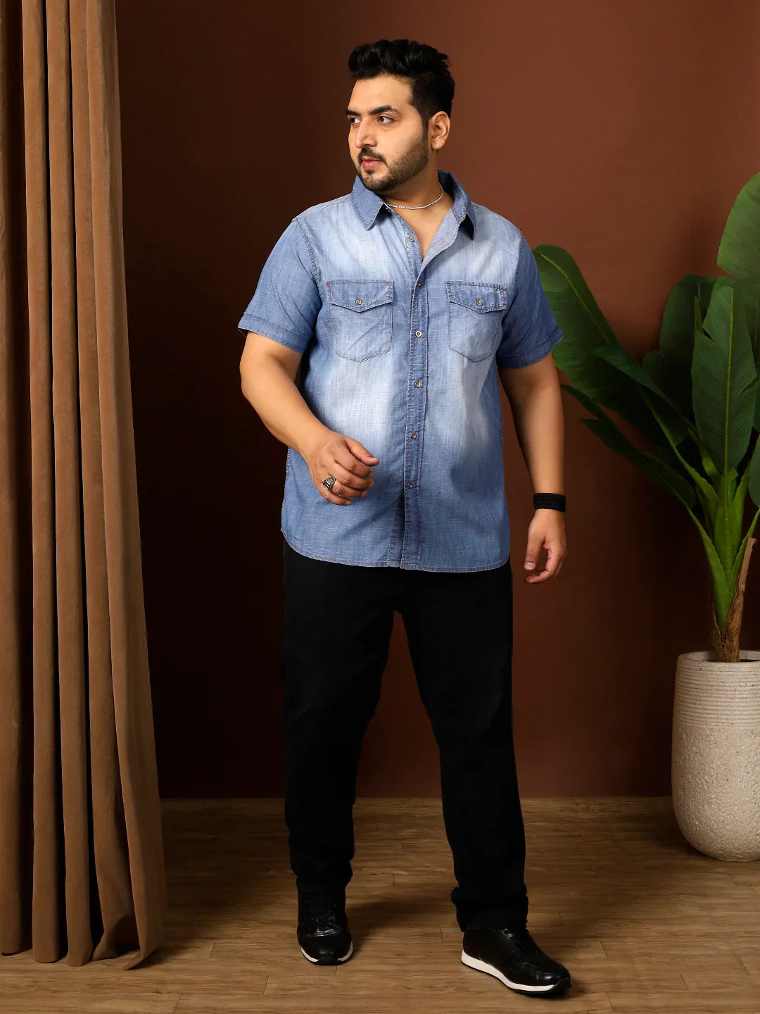 Men Plus Size Kennedy Blue Solid Shirt - bigbanana