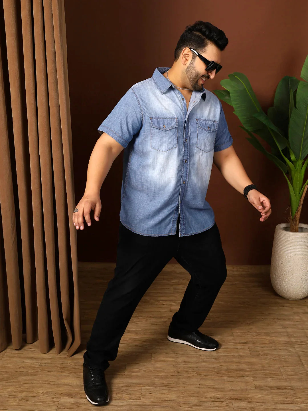 Men Plus Size Kennedy Blue Solid Shirt - bigbanana