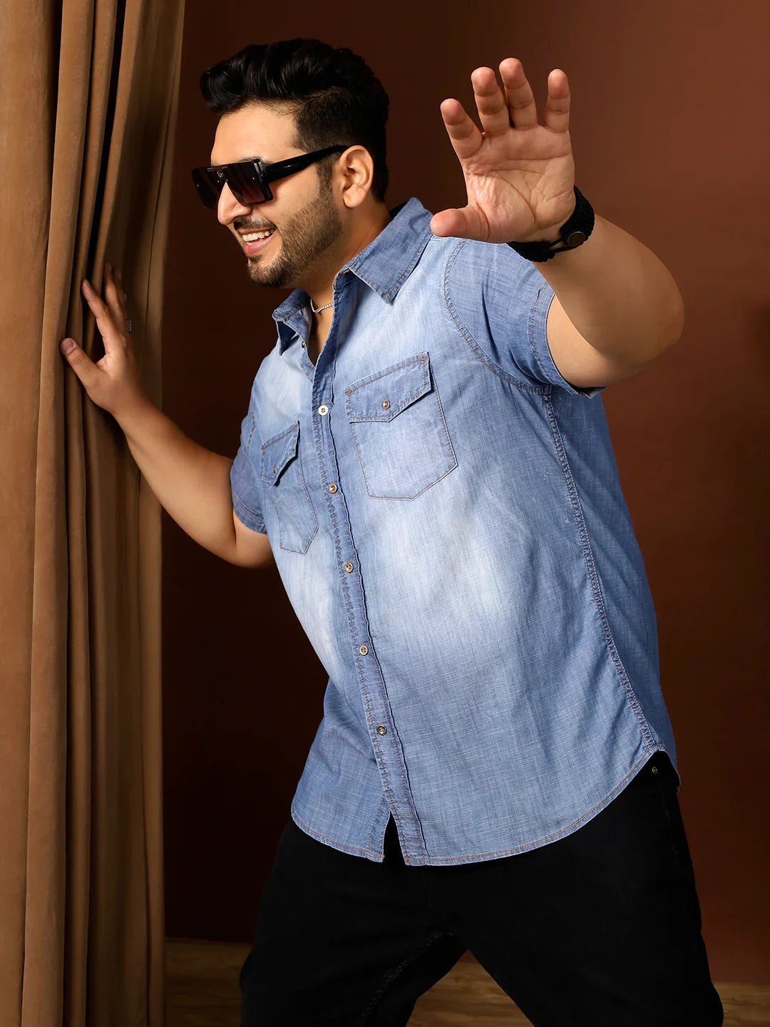 Men Plus Size Kennedy Blue Solid Shirt - bigbanana