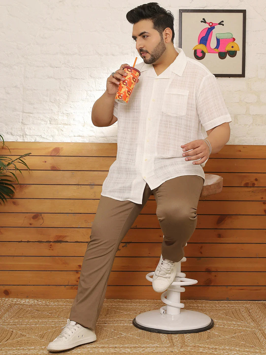 Men Plus Size Kintar White Check Shirt - bigbanana