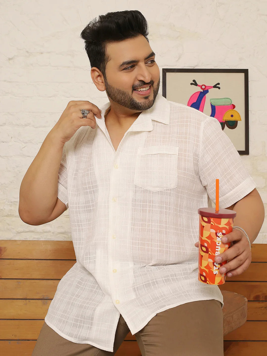 Men Plus Size Kintar White Check Shirt - bigbanana