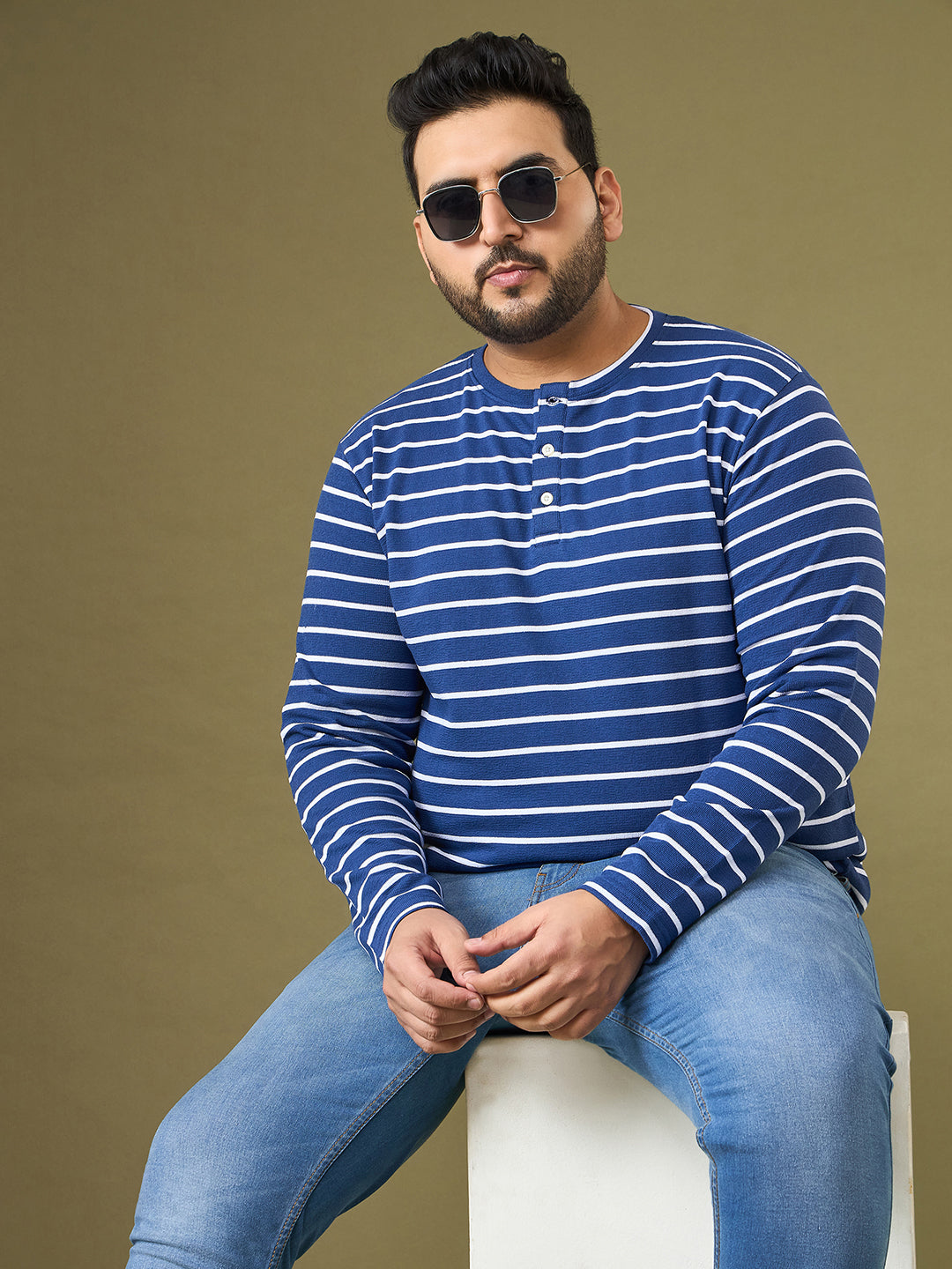 Men Plus Size Larvic Striped Henley Tshirt