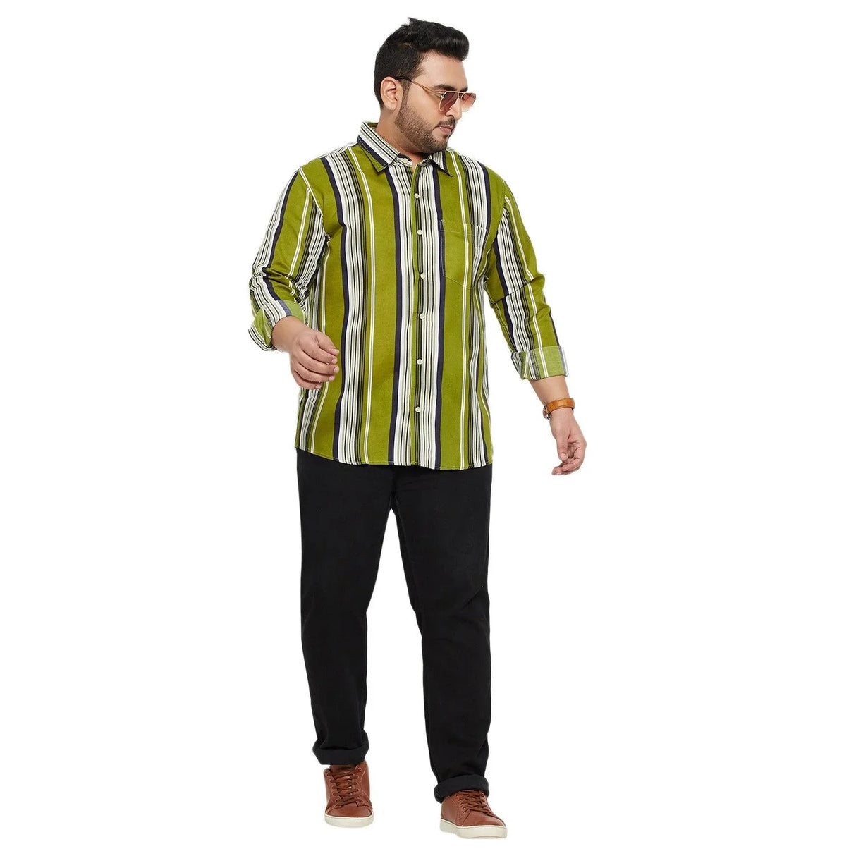 Men Plus Size Lava-Green Striped Shirt - bigbanana