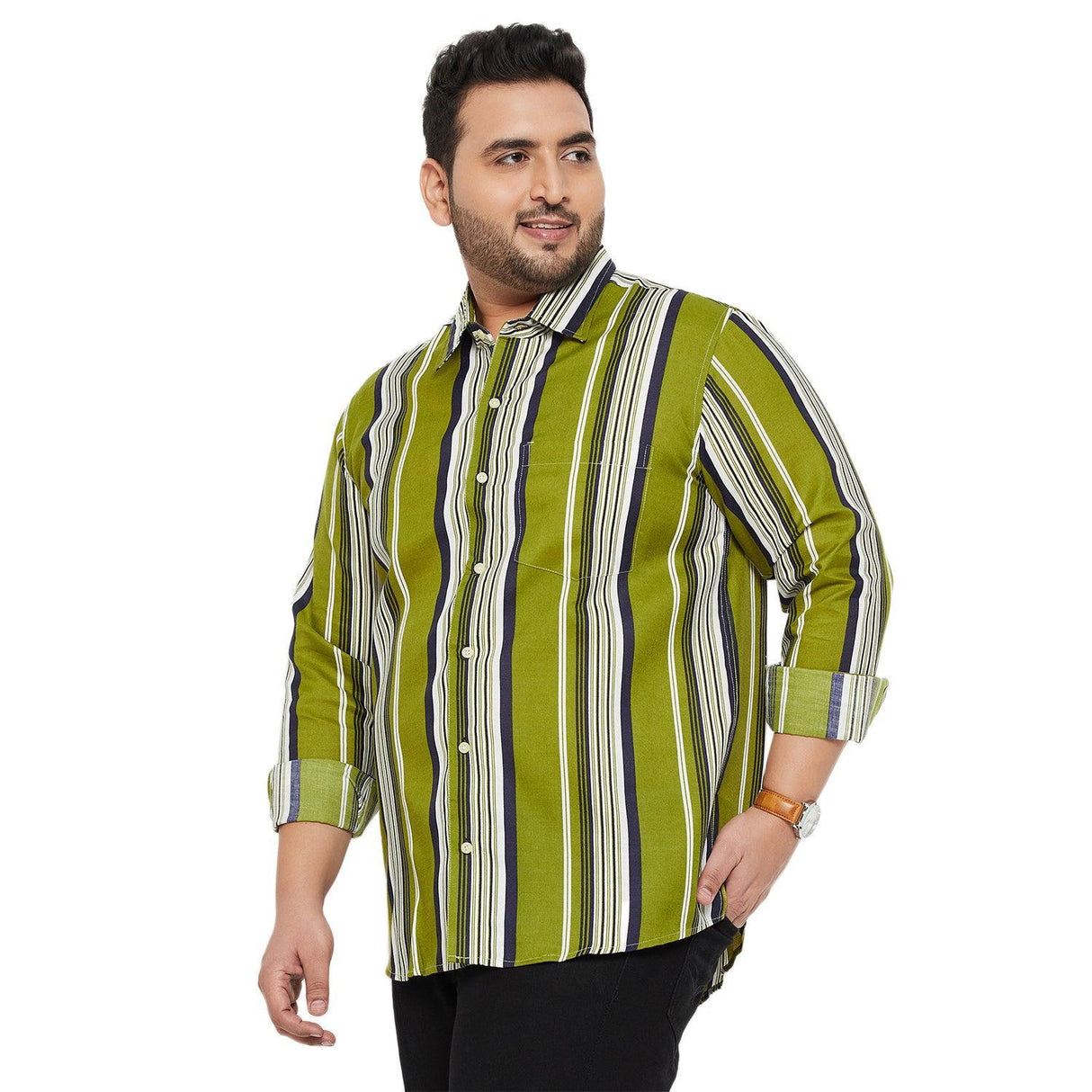 Men Plus Size Lava-Green Striped Shirt - bigbanana