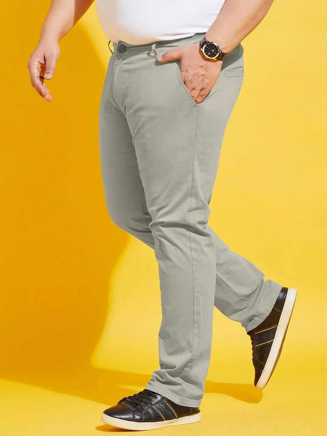 Men Plus Size Lepton-Beige Solid Trouser - bigbanana