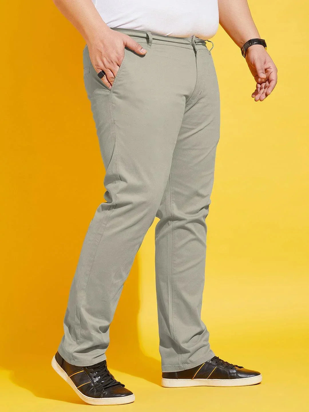 Men Plus Size Lepton-Beige Solid Trouser - bigbanana