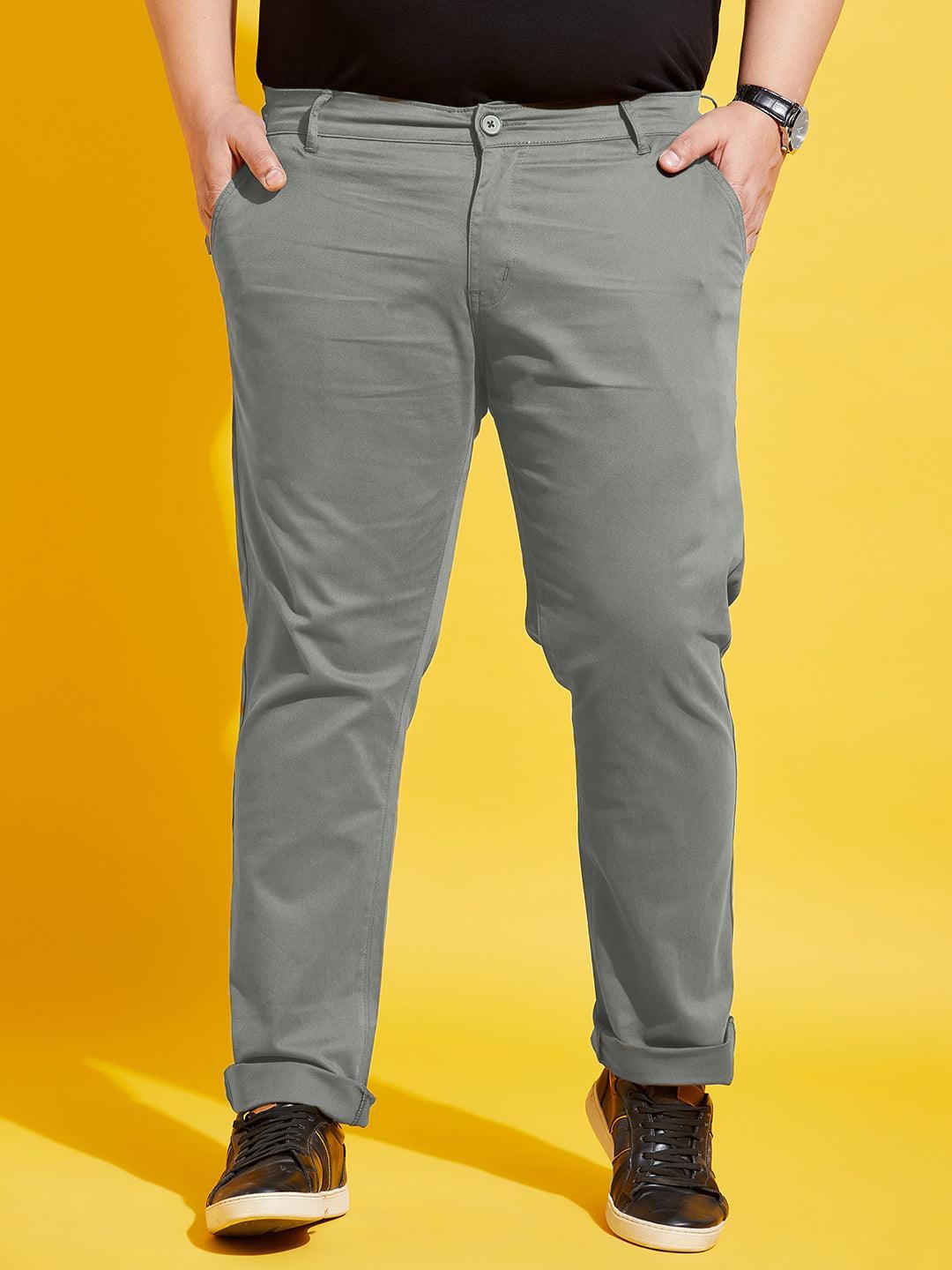 Men Plus Size Lepton-Grey Solid Trouser - bigbanana