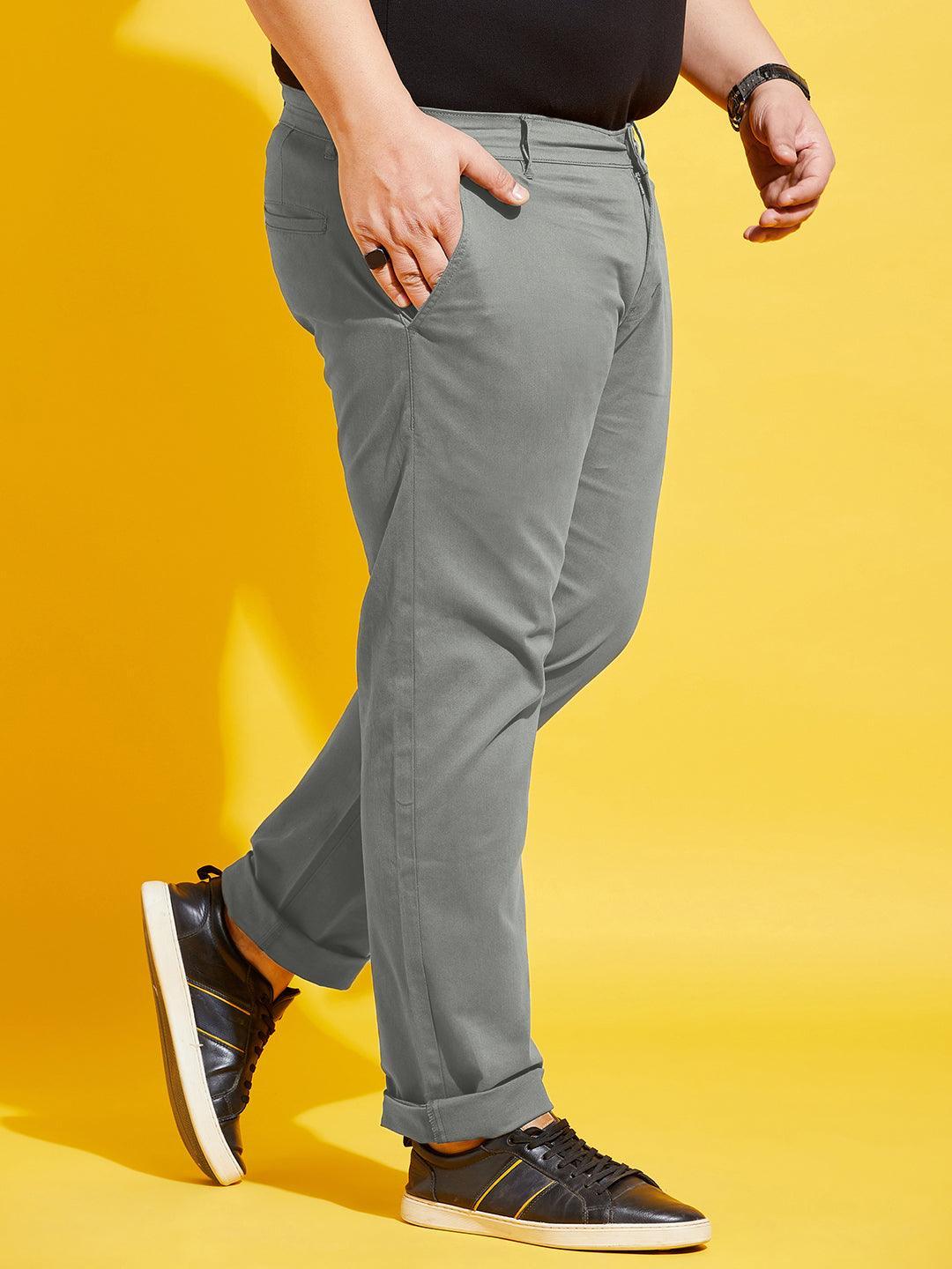 Men Plus Size Lepton-Grey Solid Trouser - bigbanana