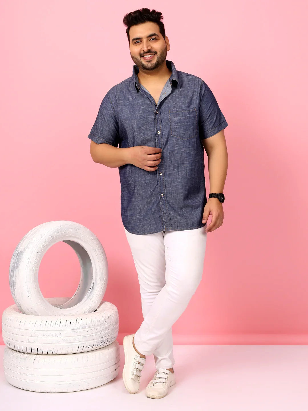 Men Plus Size Morocco Blue Solid Shirt - bigbanana