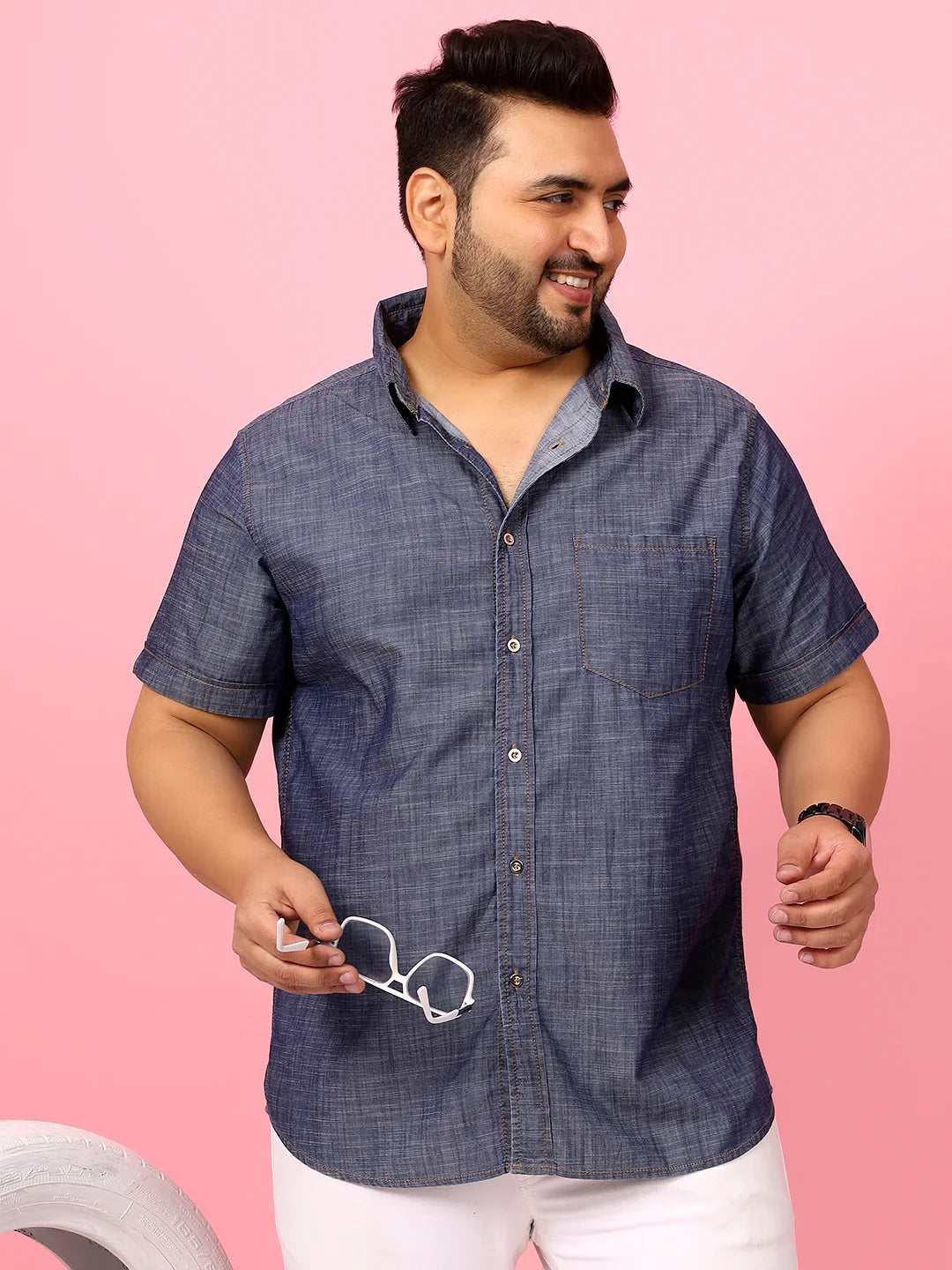 Men Plus Size Morocco Blue Solid Shirt - bigbanana