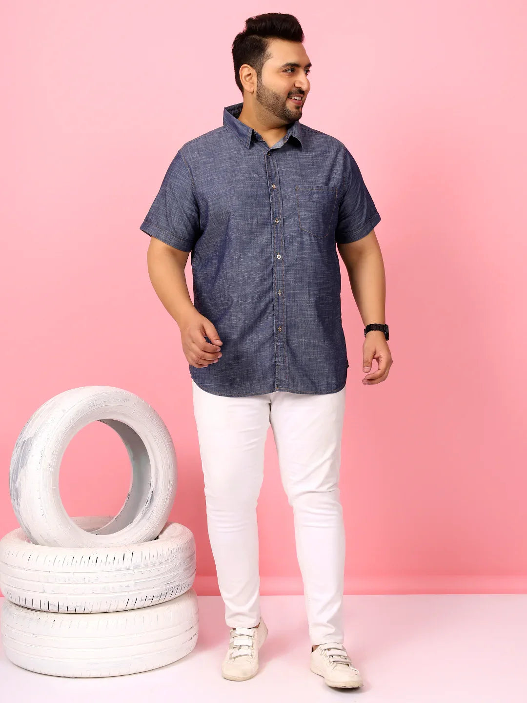 Men Plus Size Morocco Blue Solid Shirt - bigbanana