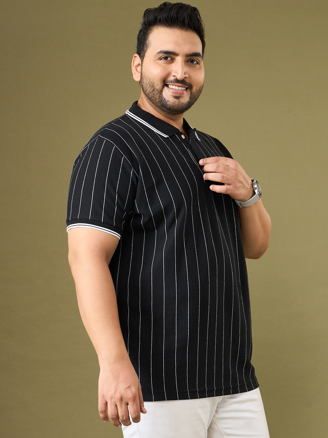 Men Plus Size Noir Black Striped Polo Tshirt