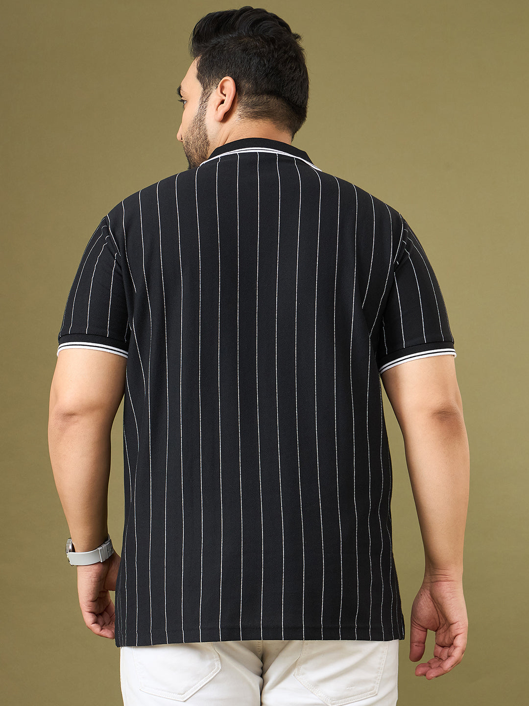 Men Plus Size Noir Black Striped Polo Tshirt