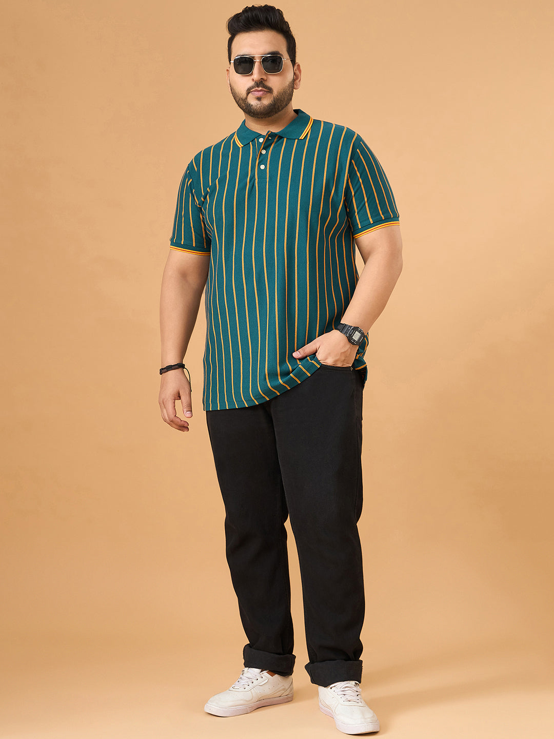 Men Plus Size Obis Green Striped Polo Tshirt