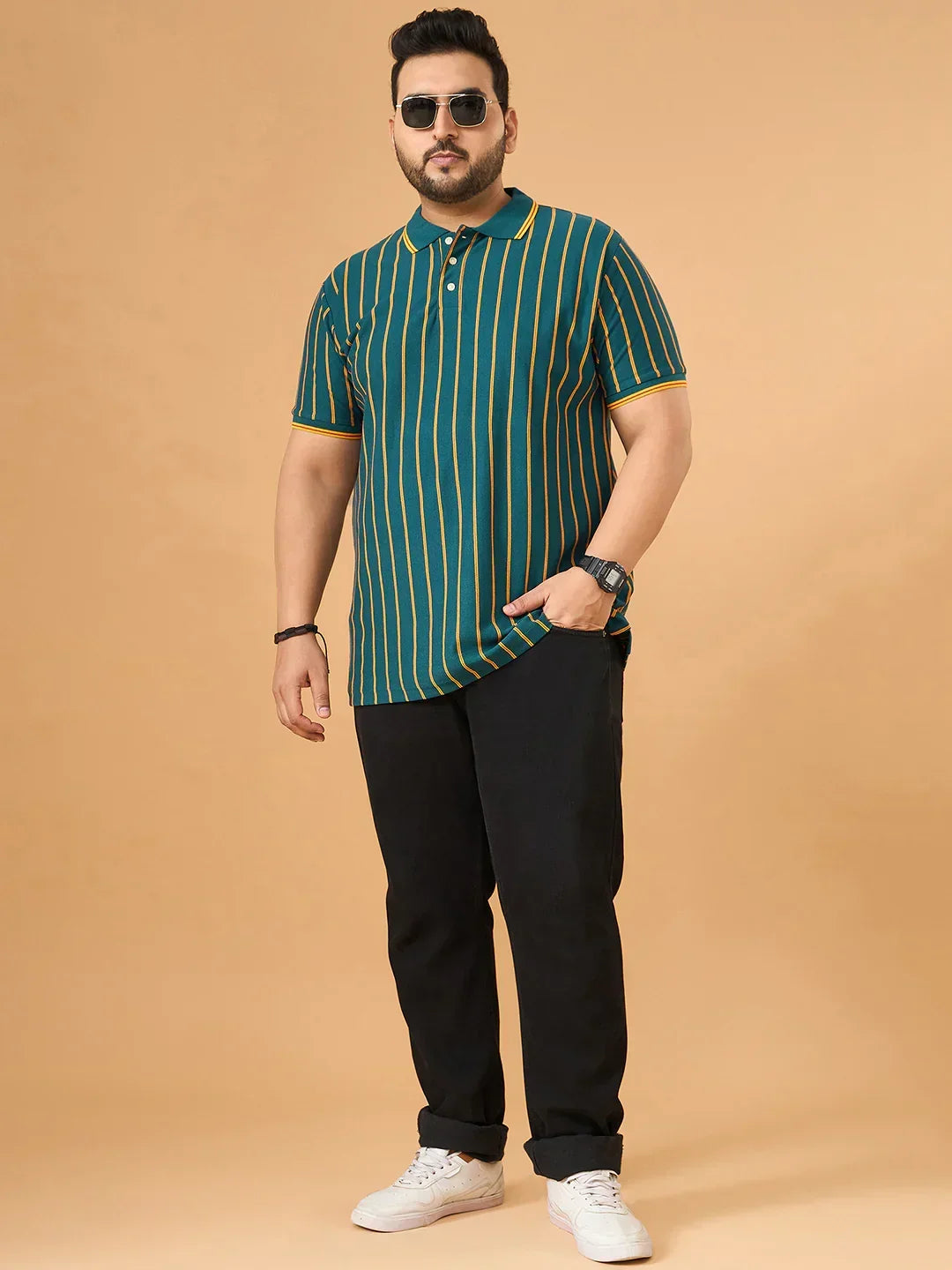 Men Plus Size Obis Green Striped Polo Tshirt