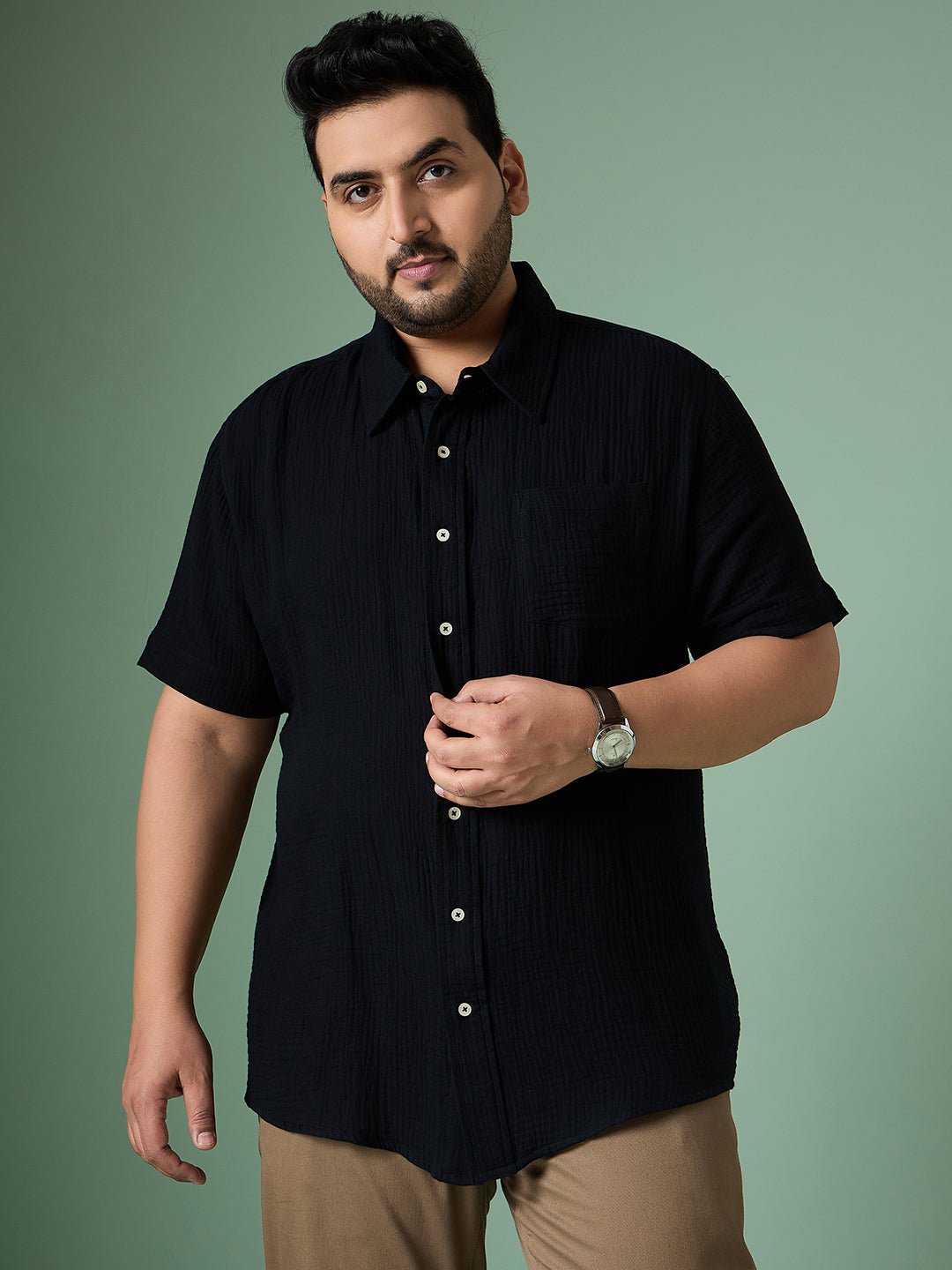 Men Plus Size Ocree-Black Solid Shirt - bigbanana