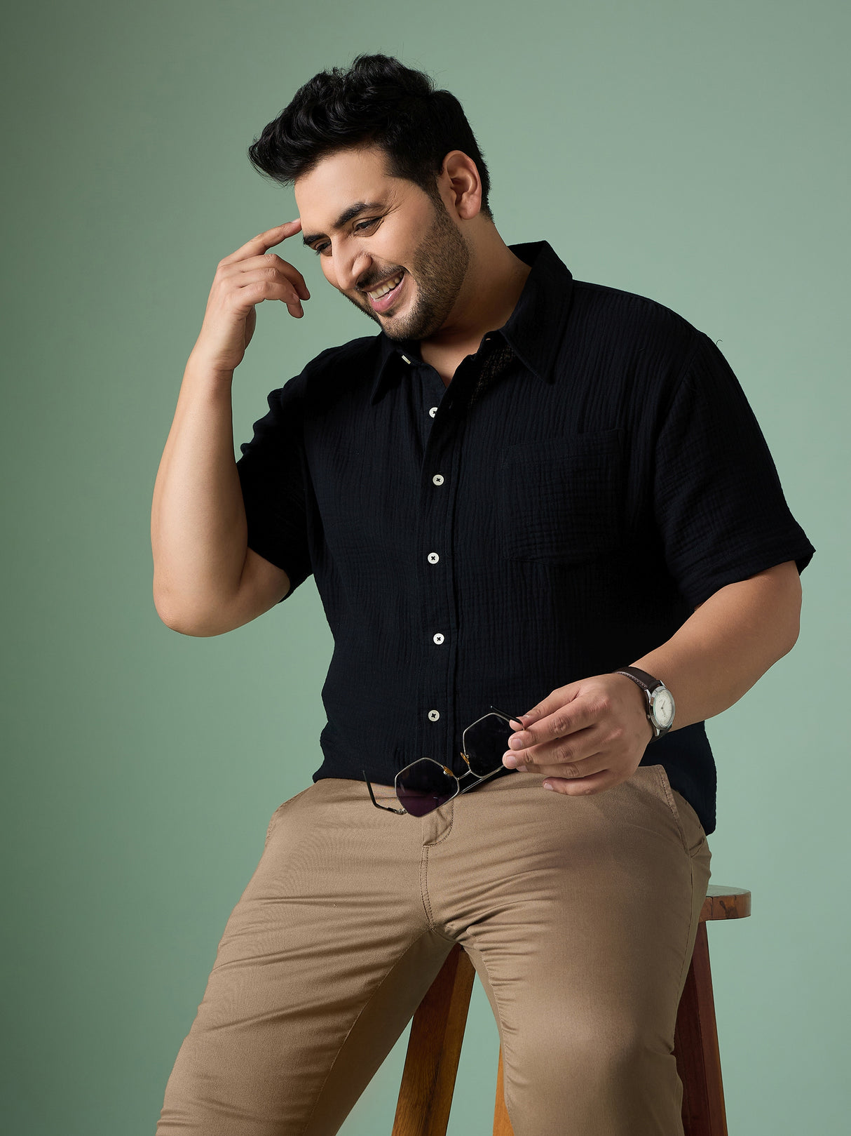 Men Plus Size Ocree-Black Solid Shirt - bigbanana