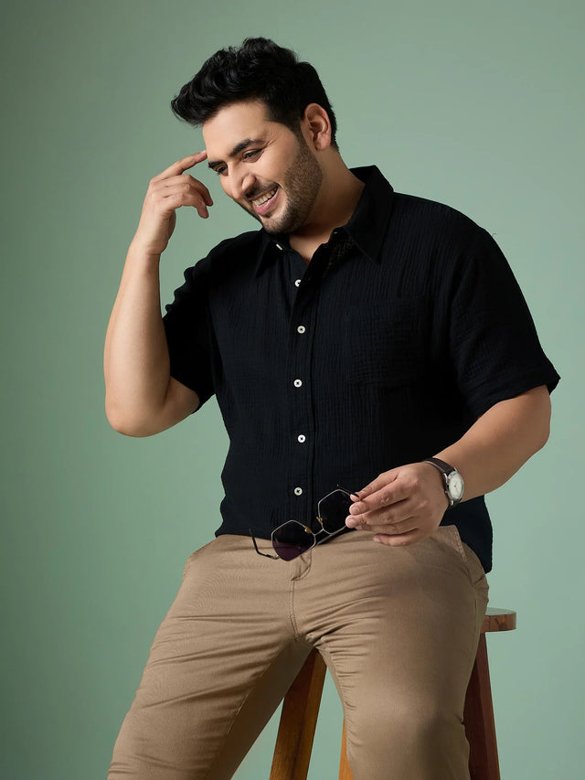 Men Plus Size Ocree-Black Solid Shirt - bigbanana