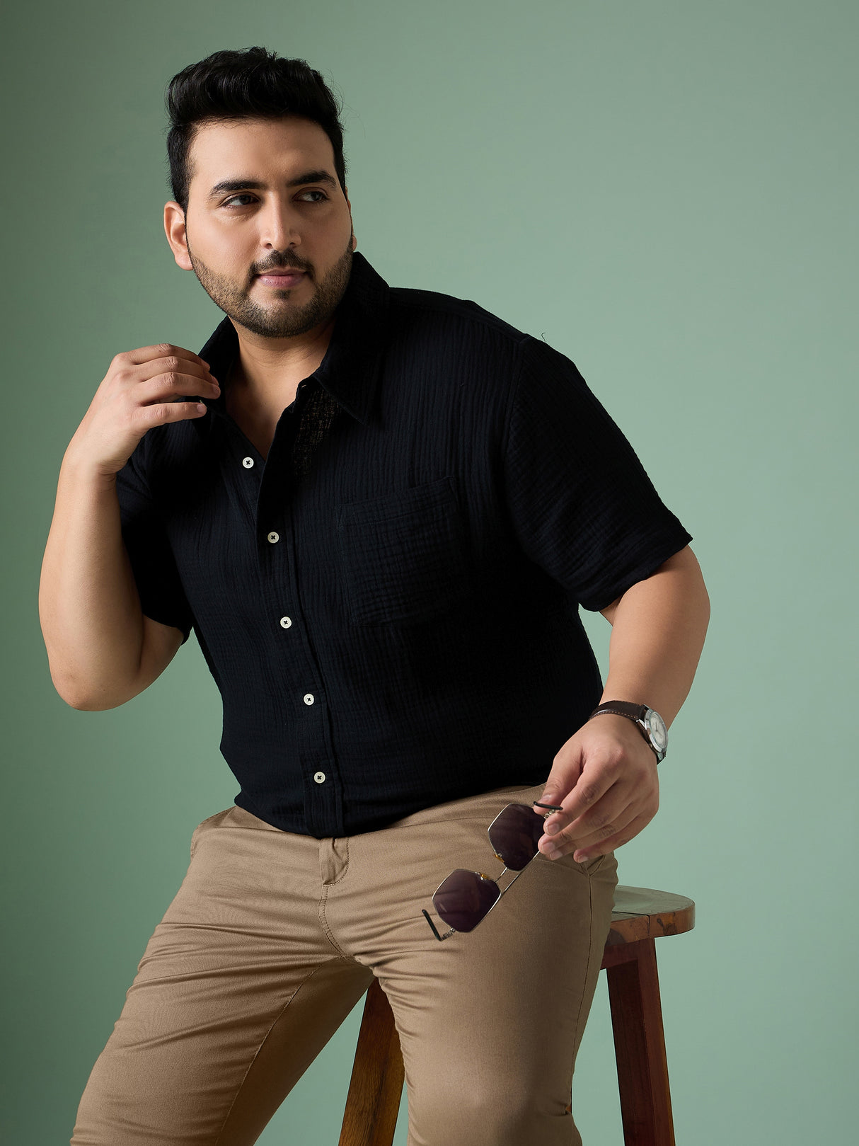 Men Plus Size Ocree-Black Solid Shirt - bigbanana