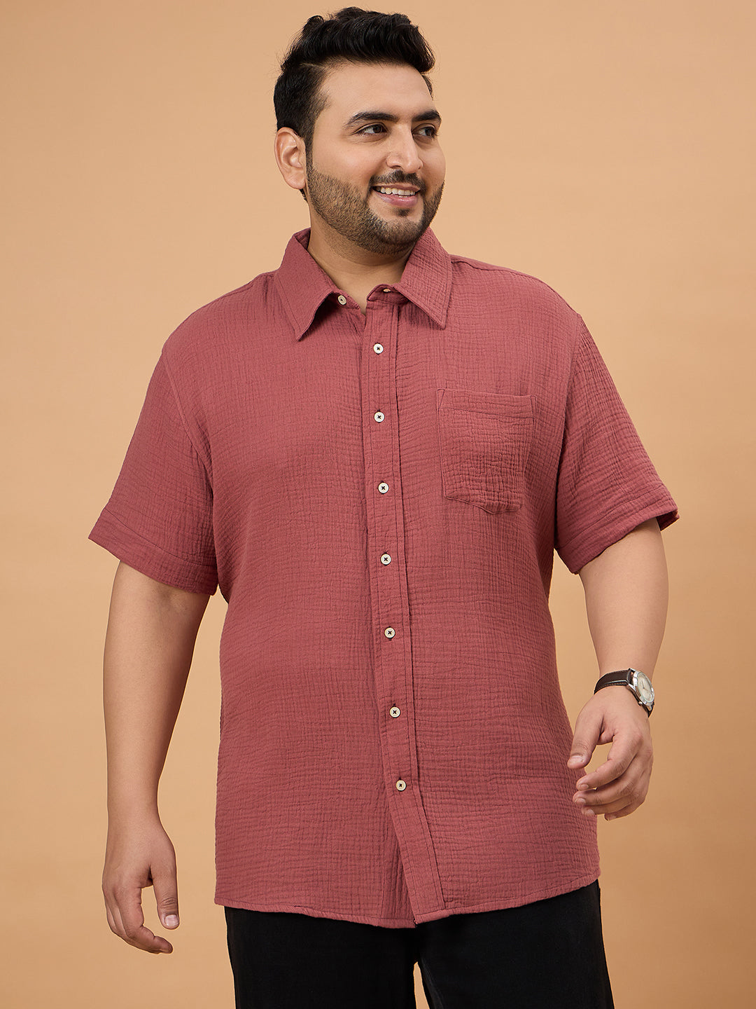 Men Plus Size Ocree-Dark Peach Solid Shirt - bigbanana