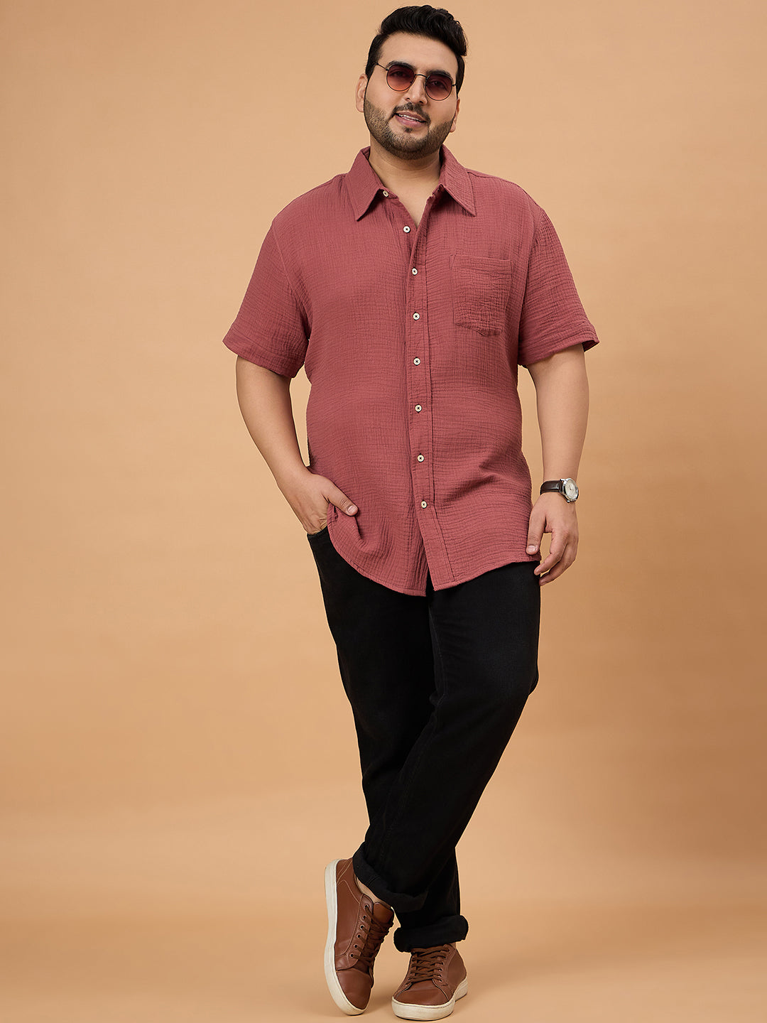 Men Plus Size Ocree-Dark Peach Solid Shirt - bigbanana
