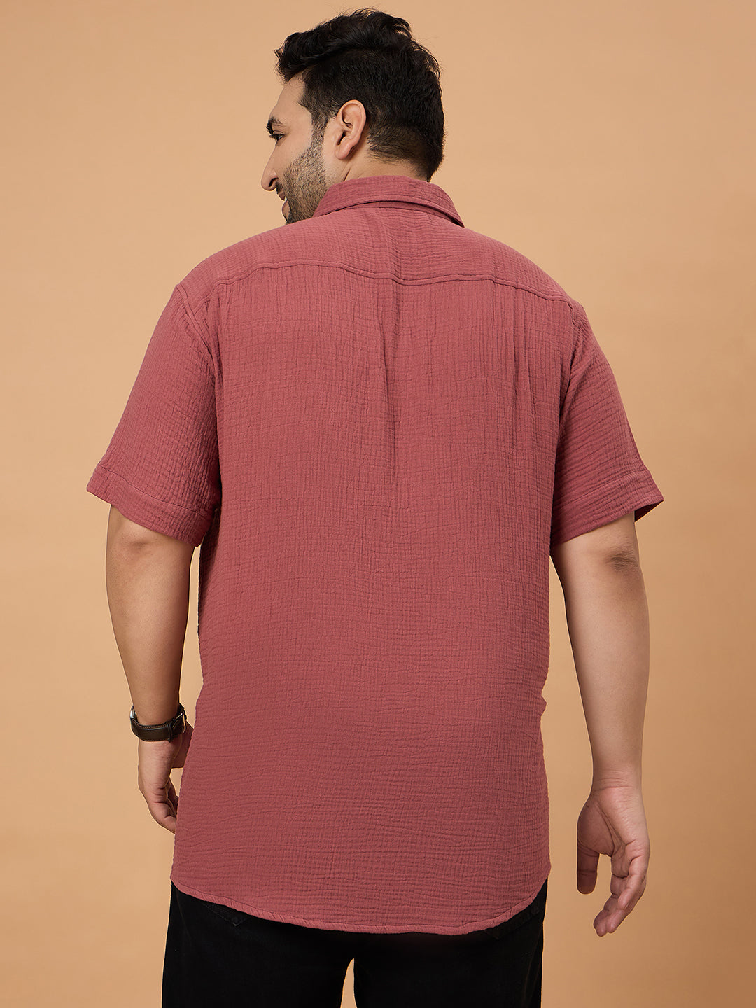 Men Plus Size Ocree-Dark Peach Solid Shirt - bigbanana