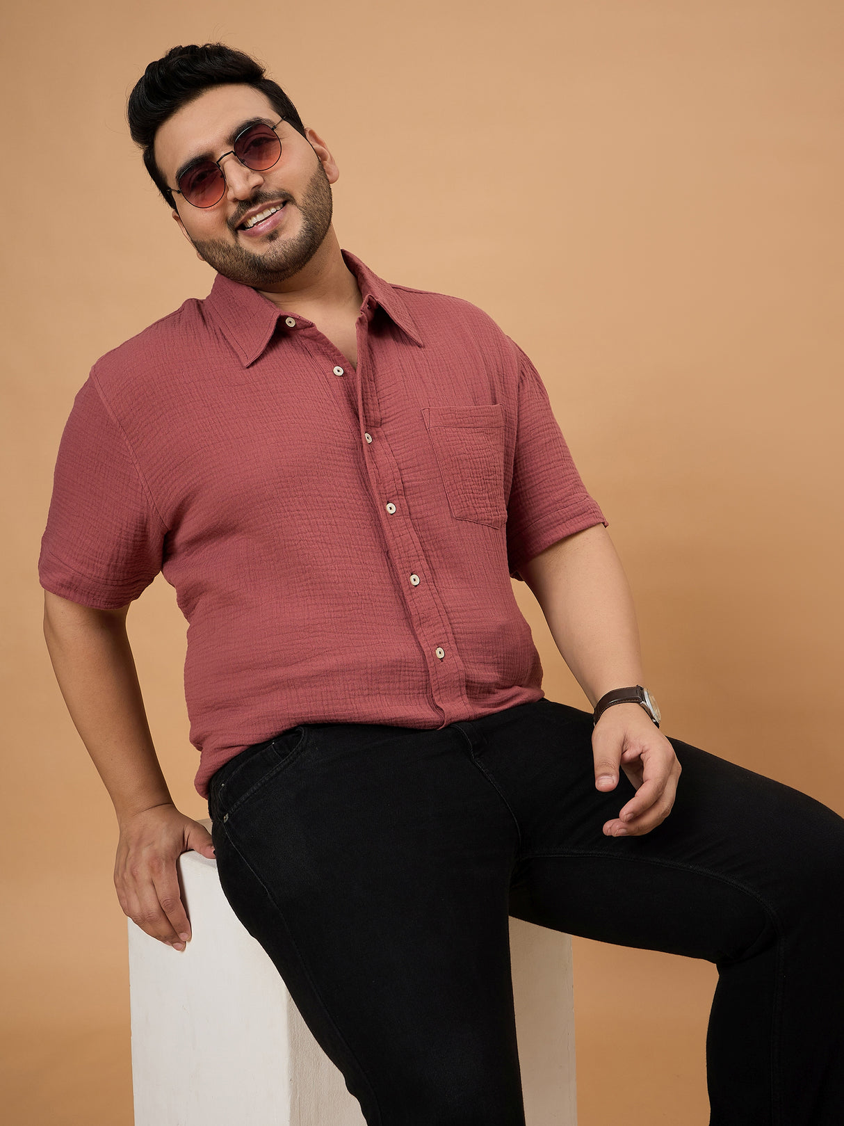 Men Plus Size Ocree-Dark Peach Solid Shirt - bigbanana