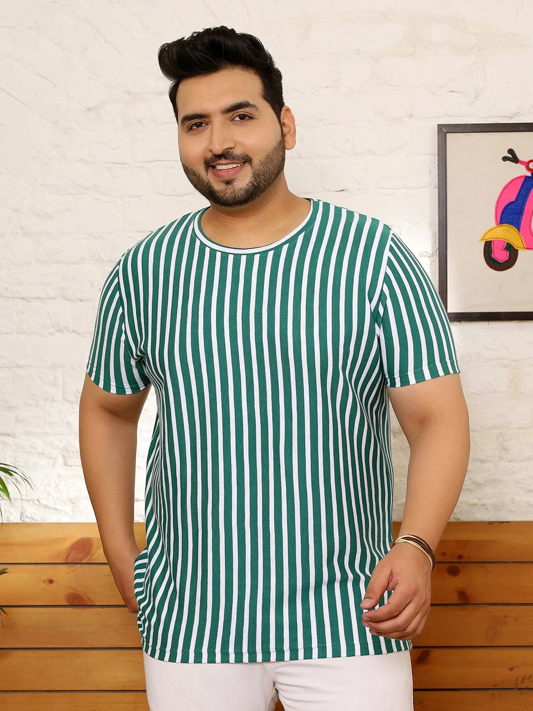 Men Plus Size Ombric Striped Multicolored Round Neck Tshirt - bigbanana