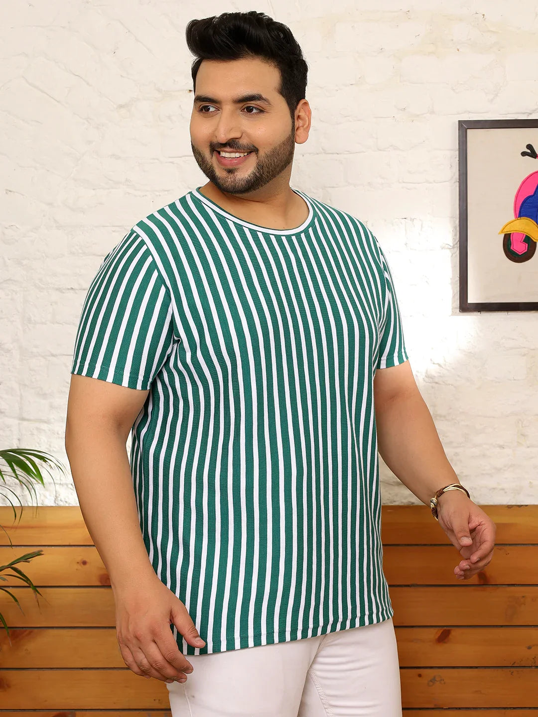 Men Plus Size Ombric Striped Multicolored Round Neck Tshirt - bigbanana