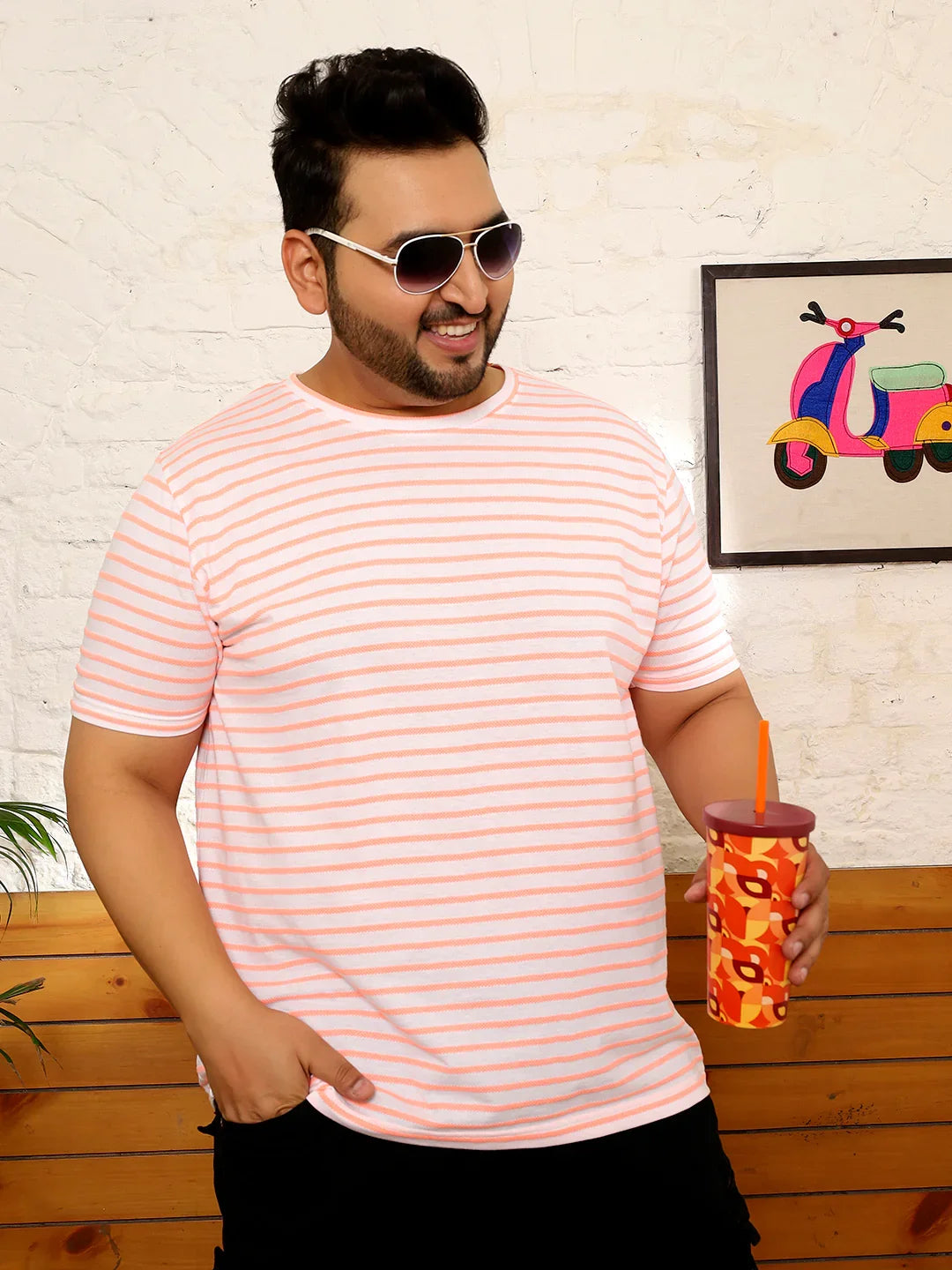 Men Plus Size Oslint Striped Multicolored Round Neck Tshirt - bigbanana