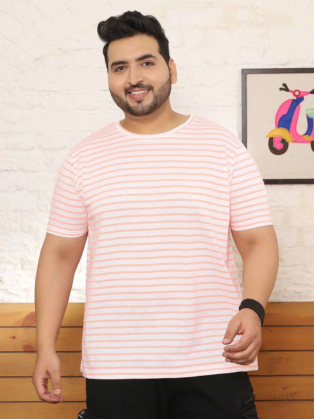 Men Plus Size Oslint Striped Multicolored Round Neck Tshirt - bigbanana