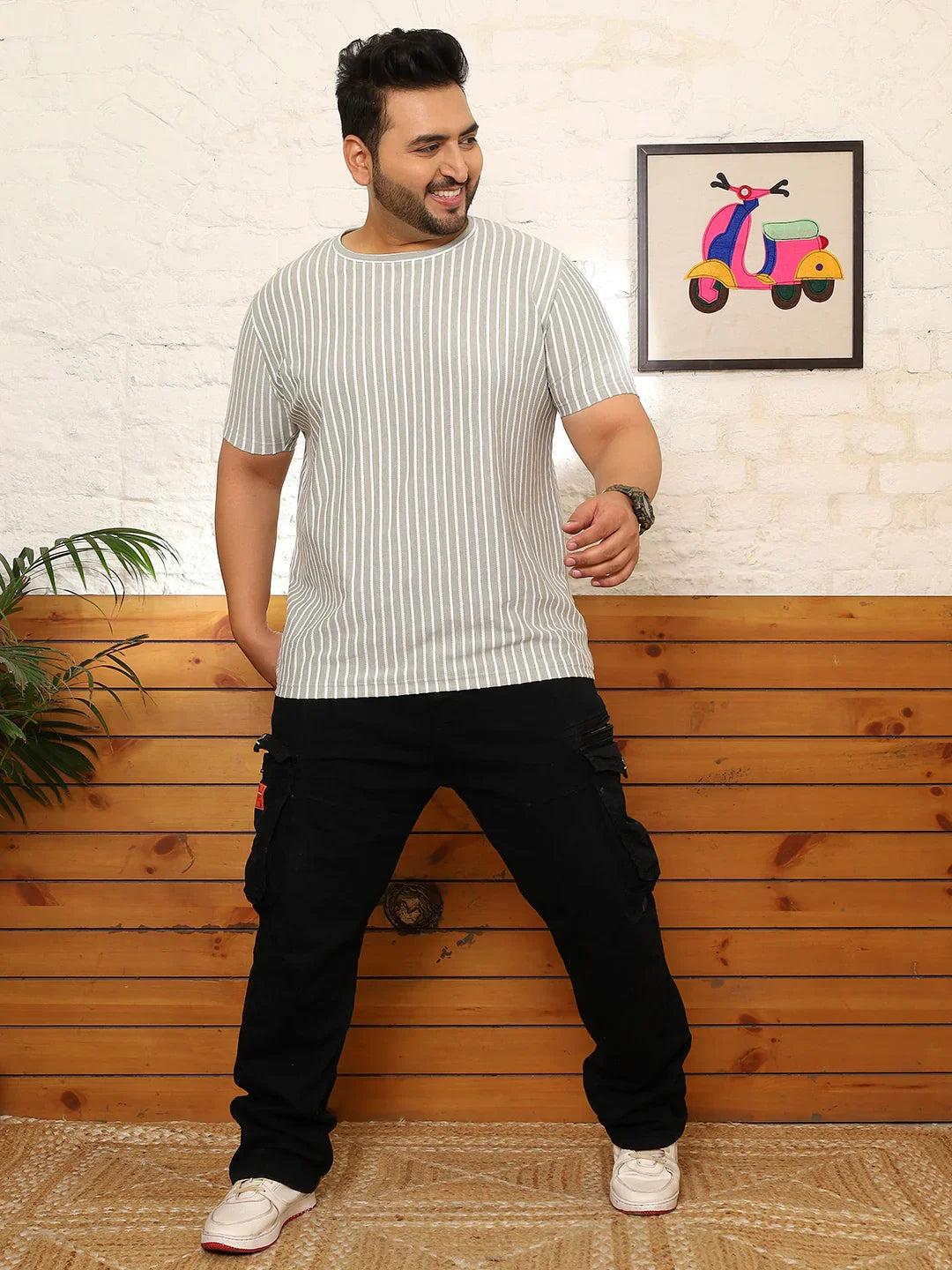 Men Plus Size Ovrlyn Striped Multicolored Round Neck Tshirt - bigbanana