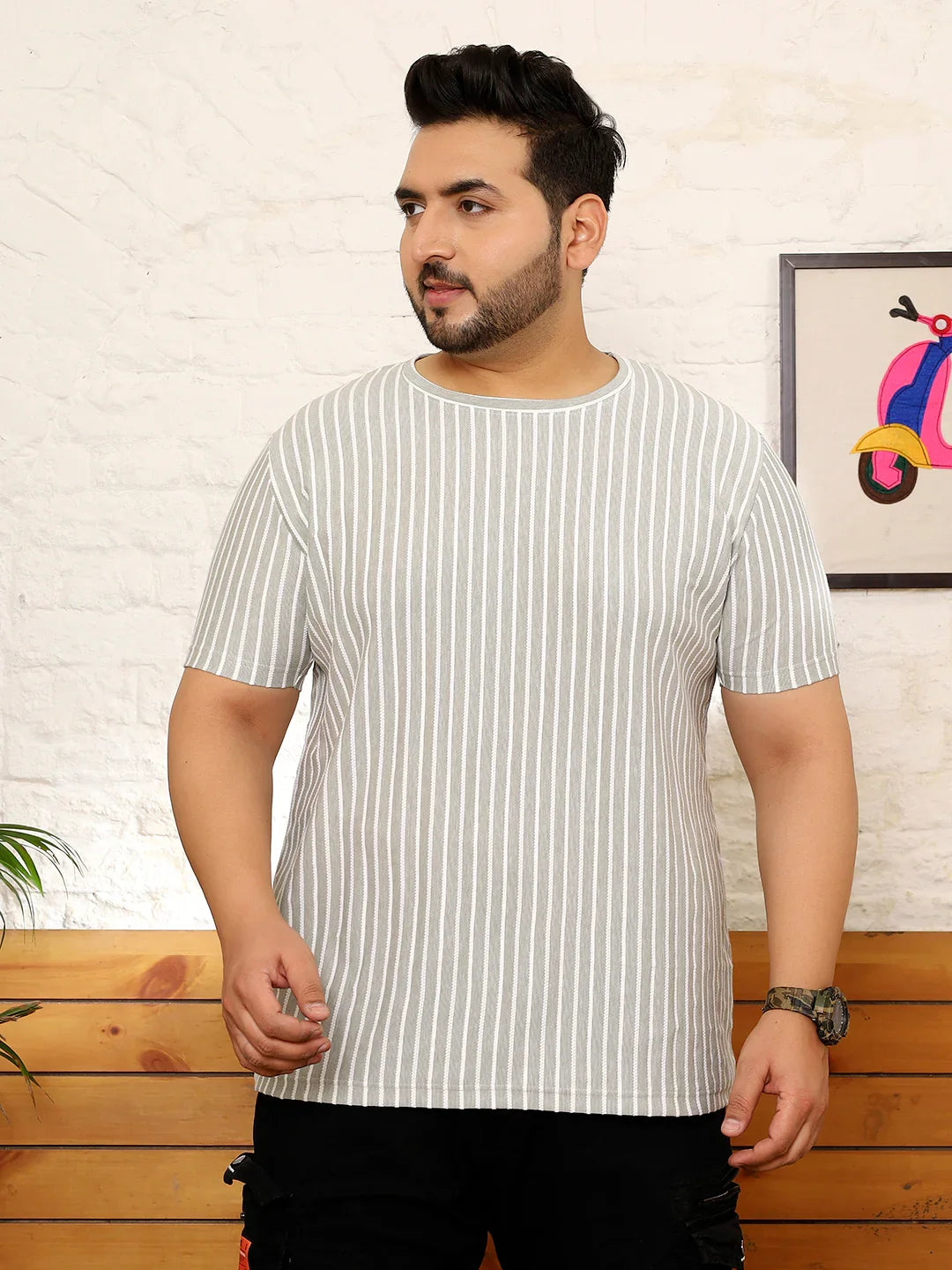 Men Plus Size Ovrlyn Striped Multicolored Round Neck Tshirt - bigbanana