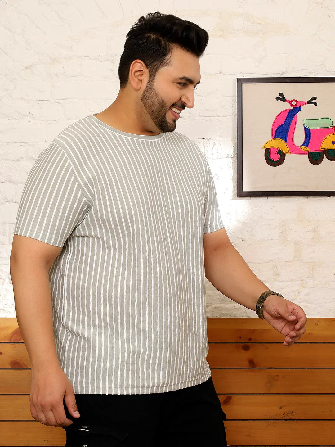 Men Plus Size Ovrlyn Striped Multicolored Round Neck Tshirt - bigbanana