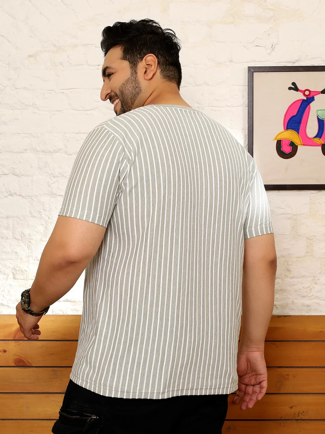 Men Plus Size Ovrlyn Striped Multicolored Round Neck Tshirt - bigbanana