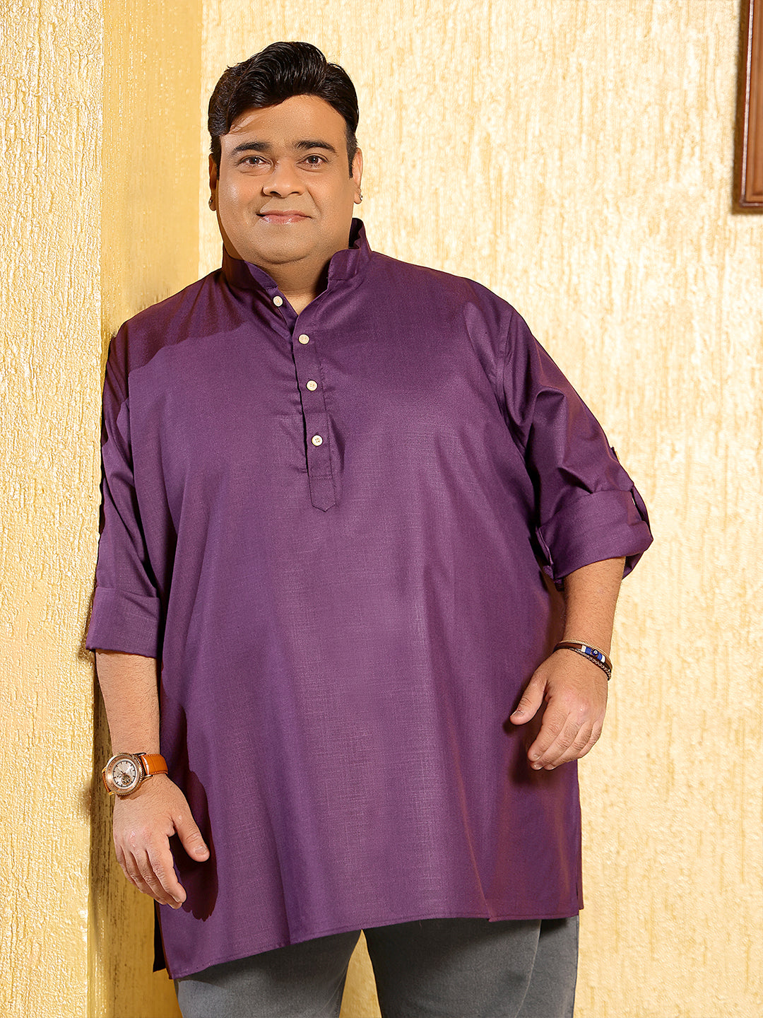 Men Plus Size Pollan-Purple Solid Short Kurta - bigbanana