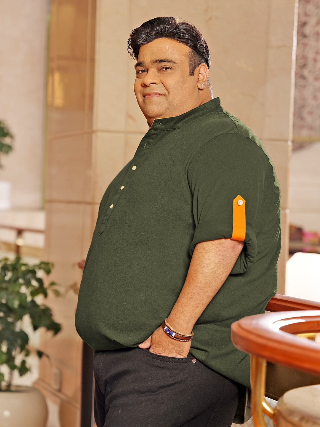 Men Plus Size Warren-Olive Solid Henley Tshirt - bigbanana