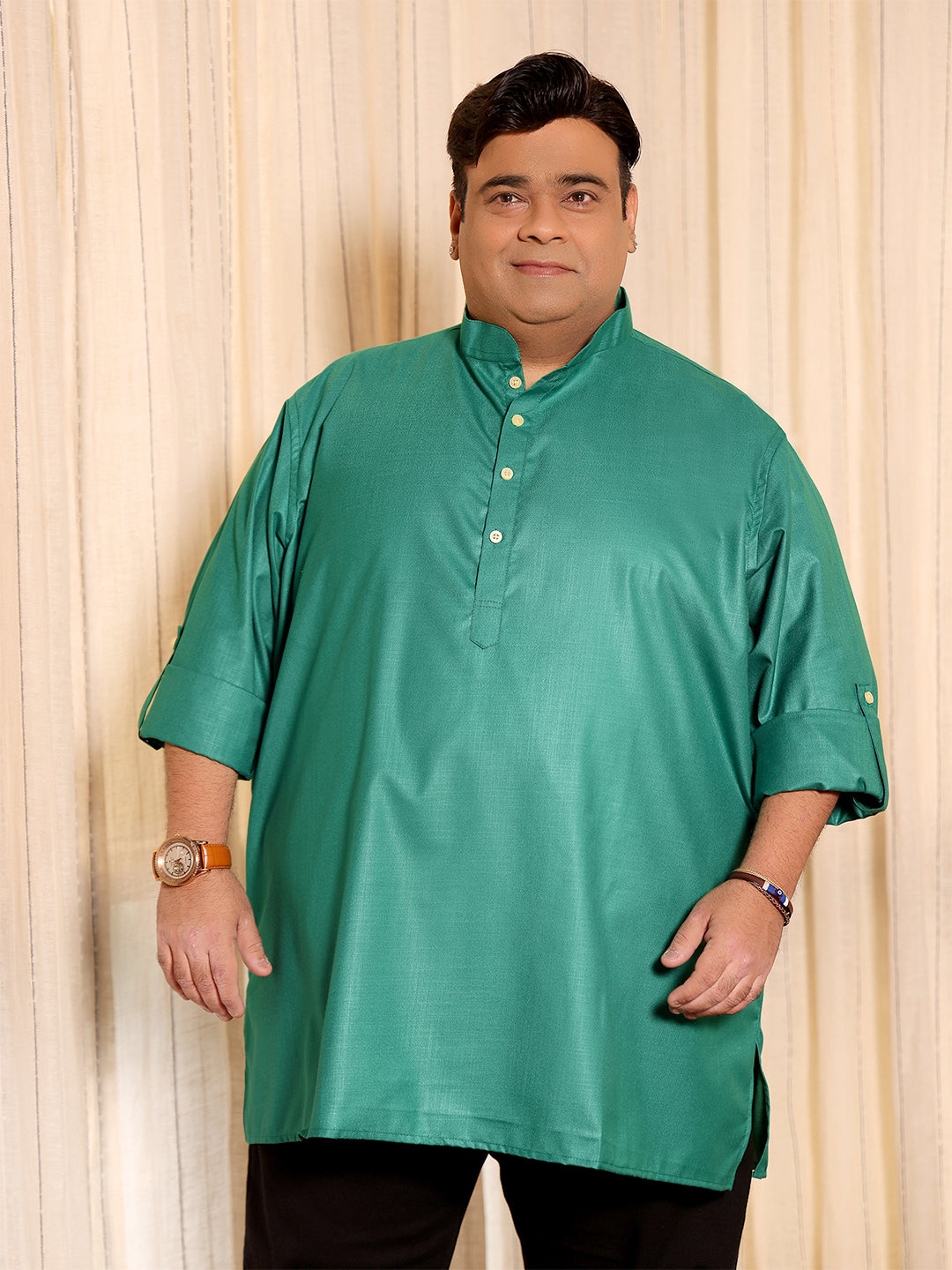 Men Plus Size Pollan-Green Solid Short Kurta - bigbanana