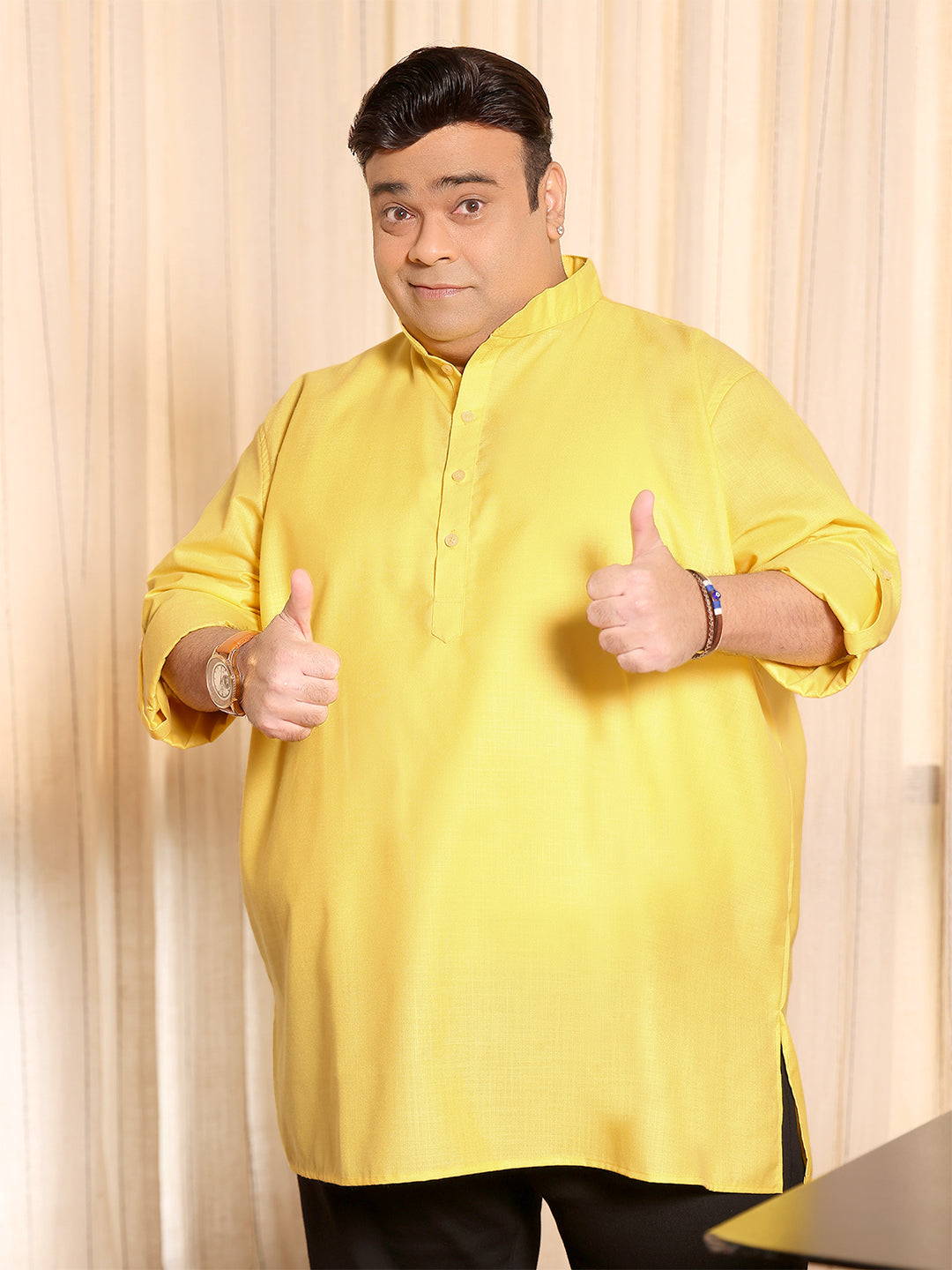 Men Plus Size Pollan-Yellow Solid Short Kurta - bigbanana