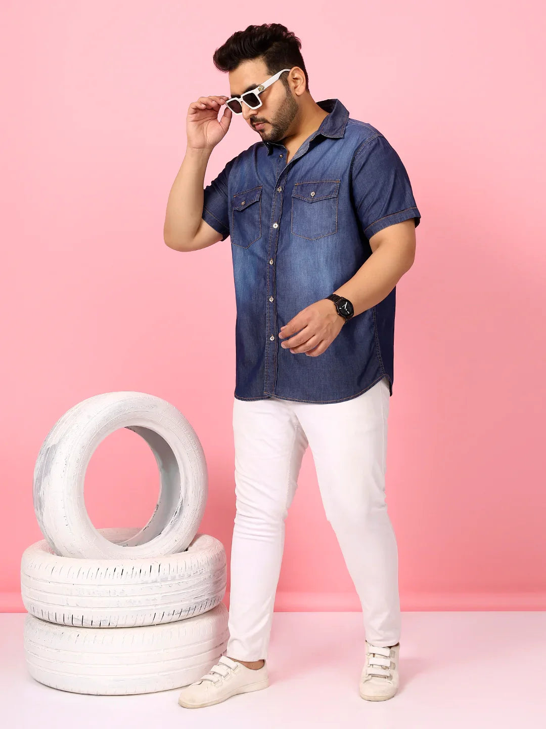 Men Plus Size Palau Blue Solid Shirt - bigbanana