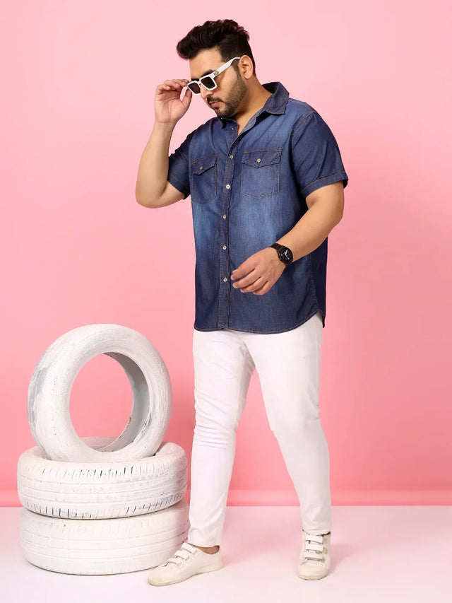 Men Plus Size Palau Blue Solid Shirt - bigbanana