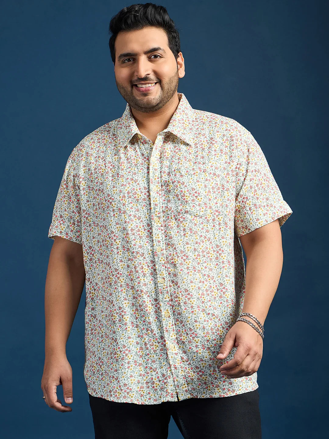 Men Plus Size Pett Floral Printed White Shirt - bigbanana