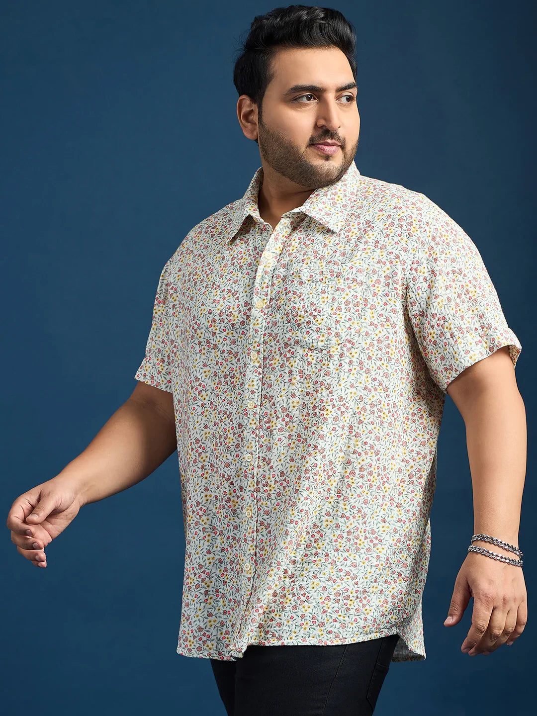 Men Plus Size Pett Floral Printed White Shirt - bigbanana