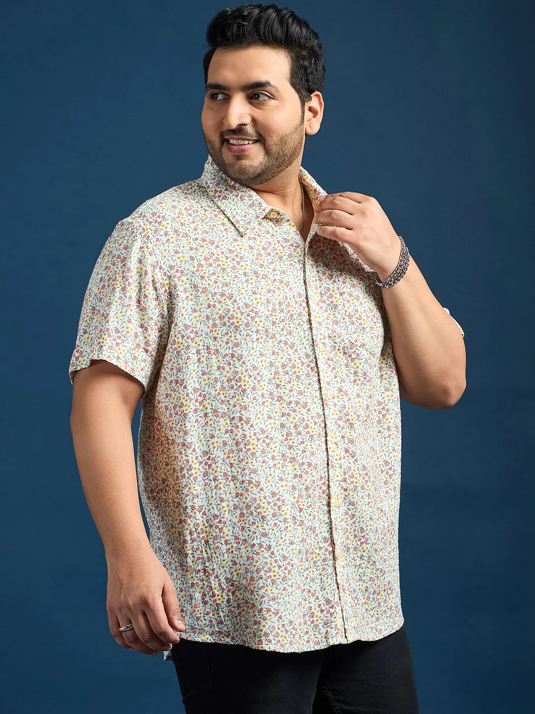 Men Plus Size Pett Floral Printed White Shirt - bigbanana