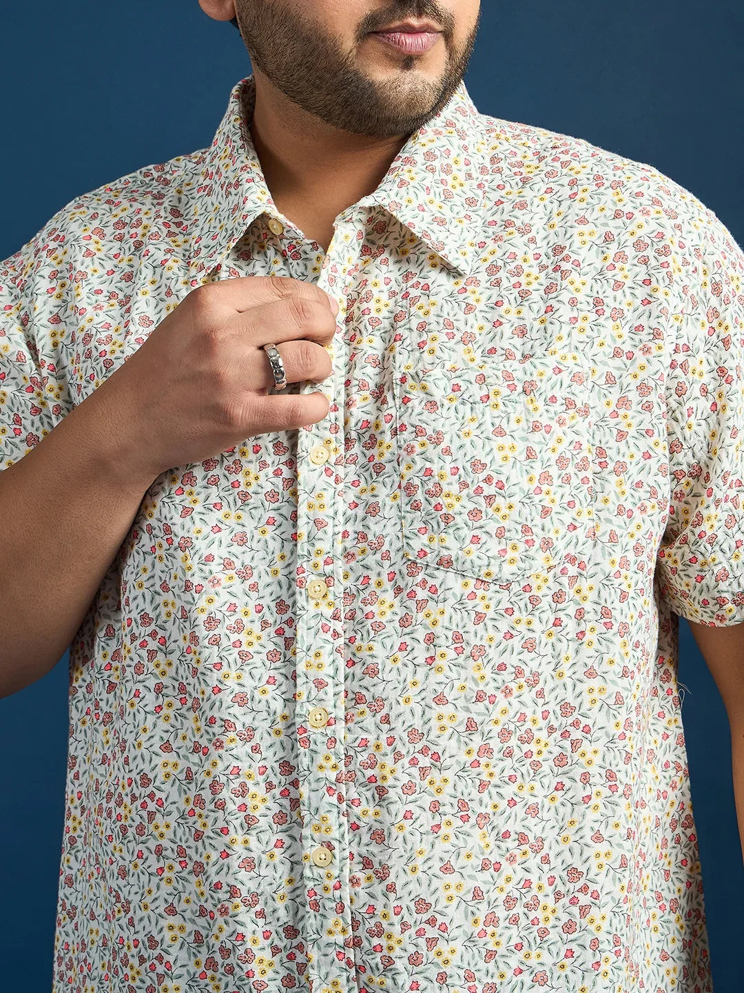 Men Plus Size Pett Floral Printed White Shirt - bigbanana