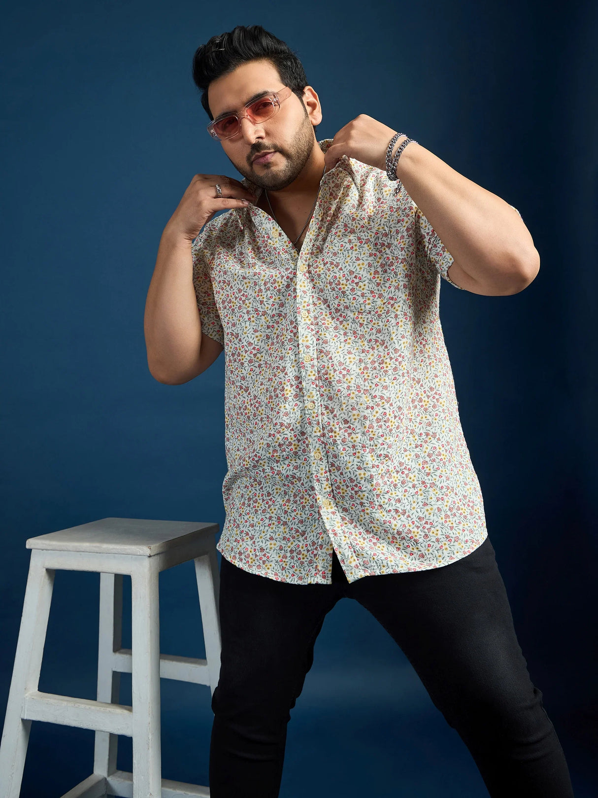 Men Plus Size Pett Floral Printed White Shirt - bigbanana